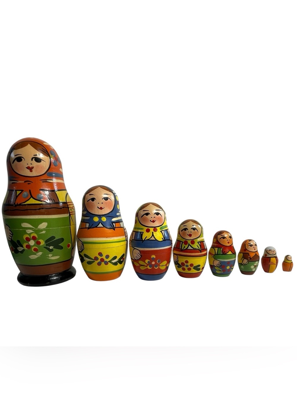 Vintage Hand Painted Set Of 8 Colorful Floral Cute Wooden Russian Nesting Dolls